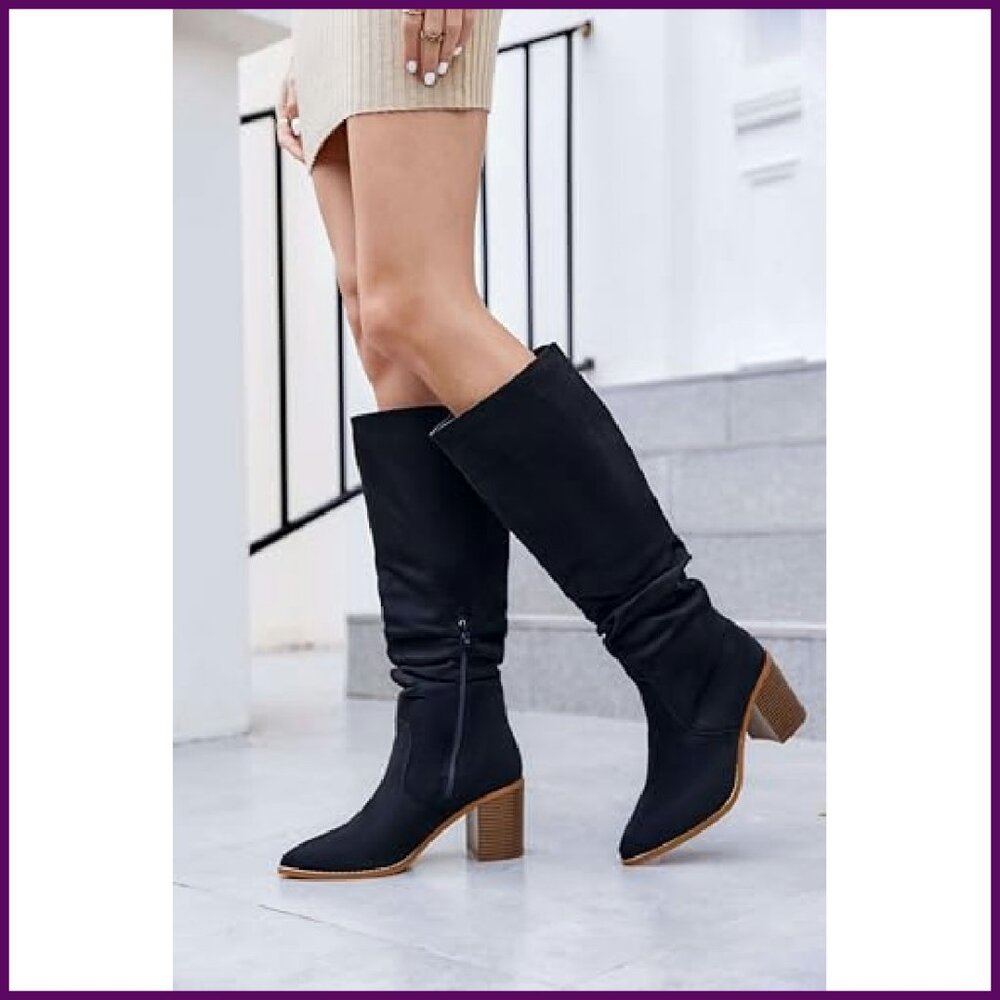 Women's Pointed Toe Knee High Boots Chunky Heel Side Zipper Faux Suede - Picture 3 of 8